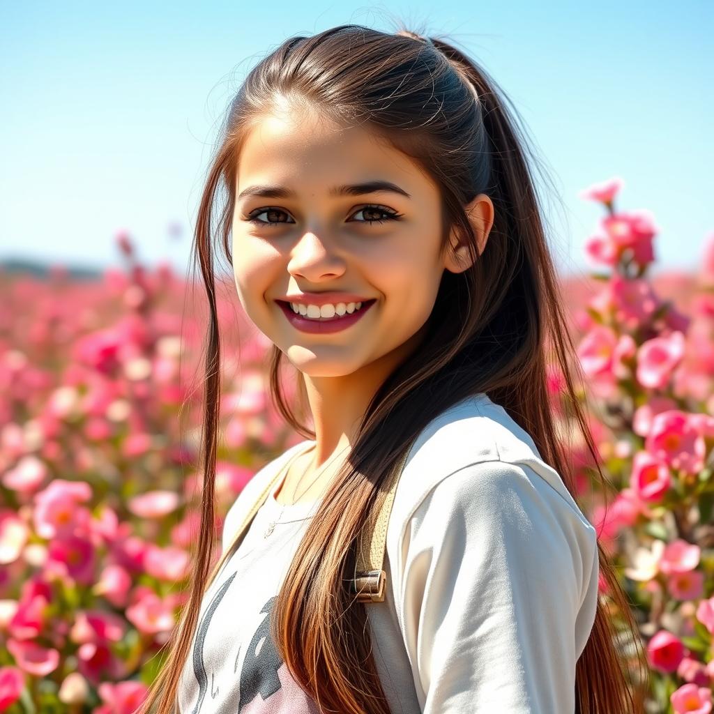 A beautiful 18-year-old brunette girl with long hair neatly tied back, featuring a bright smile and sparkling eyes