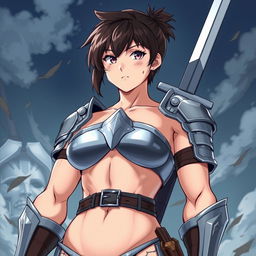 A tall anime woman with a muscular body, having tomboy-style short hair