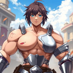 A tall anime woman with a muscular body, having tomboy-style short hair