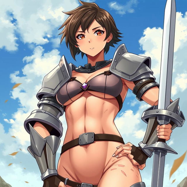 A tall anime woman with a muscular body, having tomboy-style short hair