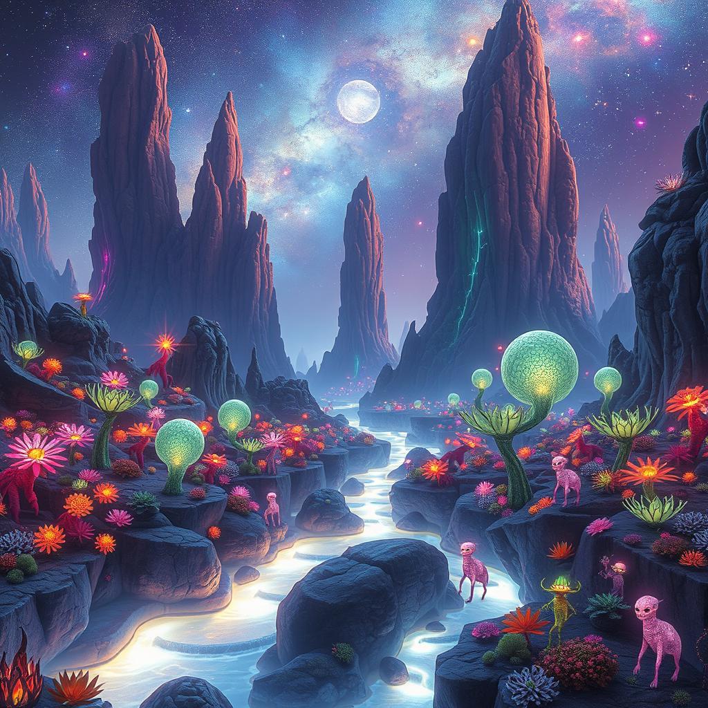 A futuristic and surreal alien landscape filled with vibrant, bioluminescent flora and intricate rock formations towering against an expansive galaxy-lit sky