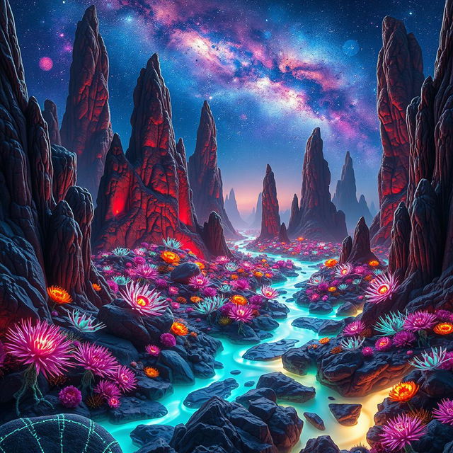 A futuristic and surreal alien landscape filled with vibrant, bioluminescent flora and intricate rock formations towering against an expansive galaxy-lit sky