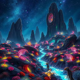 A futuristic and surreal alien landscape filled with vibrant, bioluminescent flora and intricate rock formations towering against an expansive galaxy-lit sky