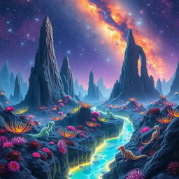 A futuristic and surreal alien landscape filled with vibrant, bioluminescent flora and intricate rock formations towering against an expansive galaxy-lit sky