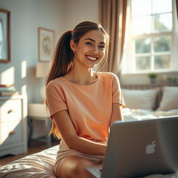 A beautiful 18-year-old brunette girl with long hair tied back, sitting in a cozy bedroom