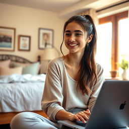 A beautiful 18-year-old brunette girl with long hair tied back, sitting in a cozy bedroom
