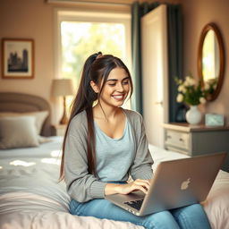 A beautiful 18-year-old brunette girl with long hair tied back, sitting in a cozy bedroom