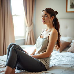A beautiful 18-year-old brunette girl with long hair tied back, sitting gracefully on a bed