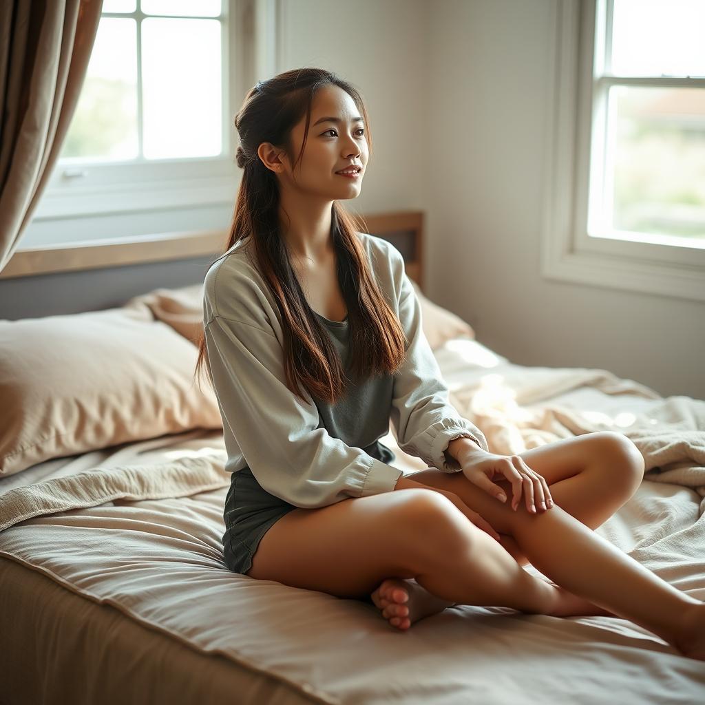 A beautiful 18-year-old brunette girl with long hair tied back, sitting gracefully on a bed