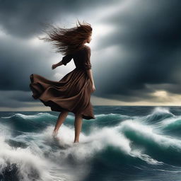 A captivating, high-quality digital art image that depicts a girl with brown hair floating in the air above a powerful, stormy ocean