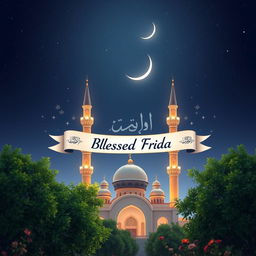 A beautiful and serene image depicting a peaceful mosque under a starry night sky, with illuminated minarets and a crescent moon casting a soft glow