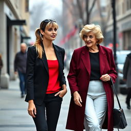 A tall, pretty woman with long dark blonde hair and bangs styled into a ponytail, wearing a sleek black blazer over a vibrant red tank top and matching black pants