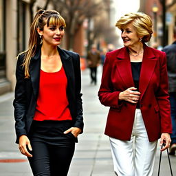 A tall, pretty woman with long dark blonde hair and bangs styled into a ponytail, wearing a sleek black blazer over a vibrant red tank top and matching black pants