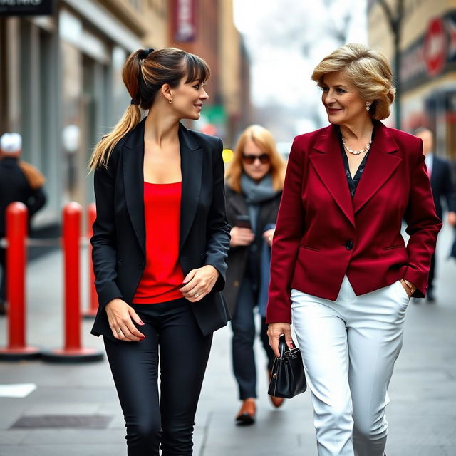 A tall, pretty woman with long dark blonde hair and bangs styled into a ponytail, wearing a sleek black blazer over a vibrant red tank top and matching black pants