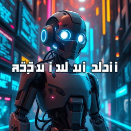 A futuristic scene featuring a humanoid robot with intricate circuits and glowing LED lights, asserting its identity with the text 'أنا لست إنسان، أنا مبرمج' displayed prominently