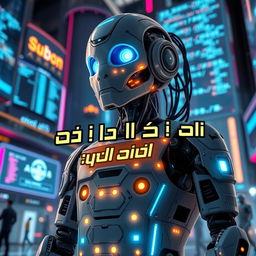 A futuristic scene featuring a humanoid robot with intricate circuits and glowing LED lights, asserting its identity with the text 'أنا لست إنسان، أنا مبرمج' displayed prominently