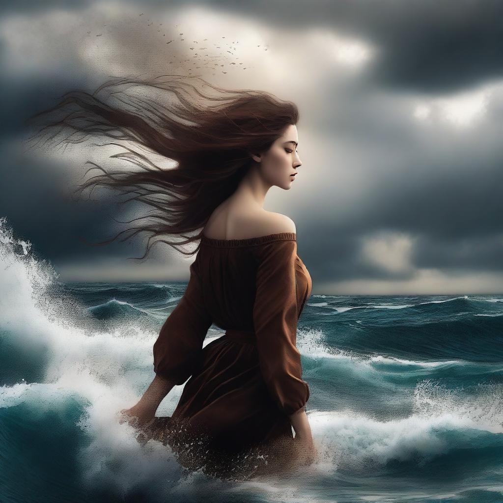 A captivating, high-quality digital art image that depicts a girl with brown hair floating in the air above a powerful, stormy ocean