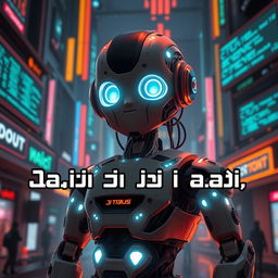 A futuristic scene featuring a humanoid robot with intricate circuits and glowing LED lights, asserting its identity with the text 'أنا لست إنسان، أنا مبرمج' displayed prominently