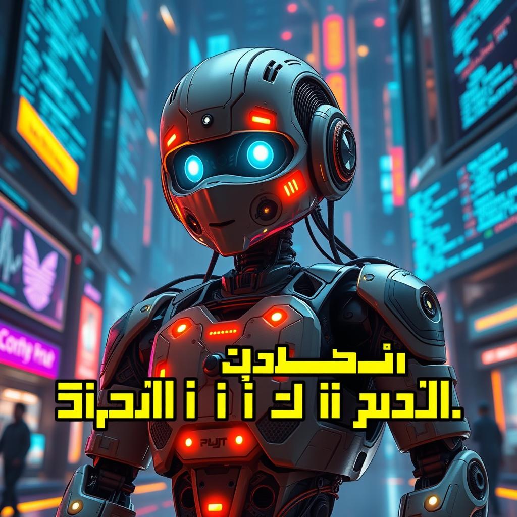 A futuristic scene featuring a humanoid robot with intricate circuits and glowing LED lights, asserting its identity with the text 'أنا لست إنسان، أنا مبرمج' displayed prominently