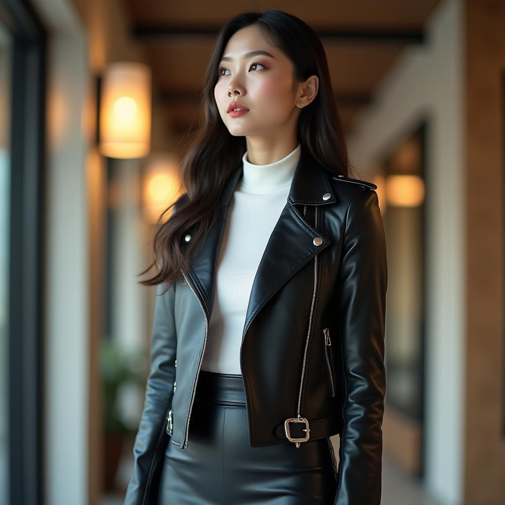 A very beautiful and classy Chinese office lady dressed in a stylish black leather jacket, a form-fitting tight leather skirt, and a chic white turtleneck shirt