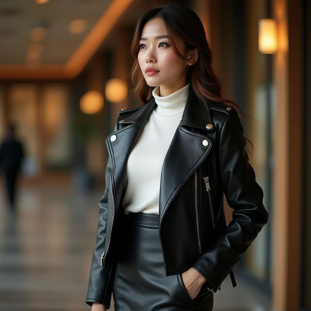 A very beautiful and classy Chinese office lady dressed in a stylish black leather jacket, a tight leather skirt, and a chic white turtleneck shirt, looking into the distance with a thoughtful expression