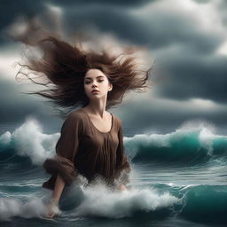 A captivating, high-quality digital art image that depicts a girl with brown hair floating in the air above a powerful, stormy ocean