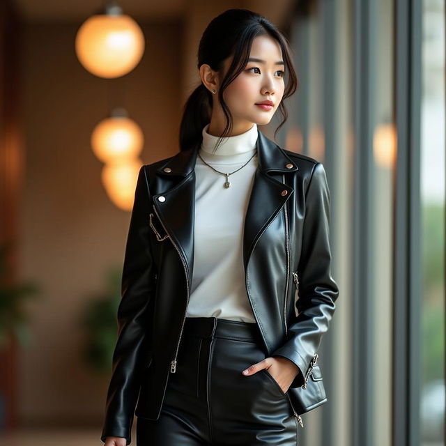 A very beautiful and classy Chinese office lady dressed in a fashionable black leather jacket, a tight leather skirt, and a stylish white turtleneck shirt, looking thoughtfully into the distance