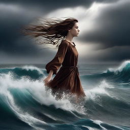 A captivating, high-quality digital art image that depicts a girl with brown hair floating in the air above a powerful, stormy ocean