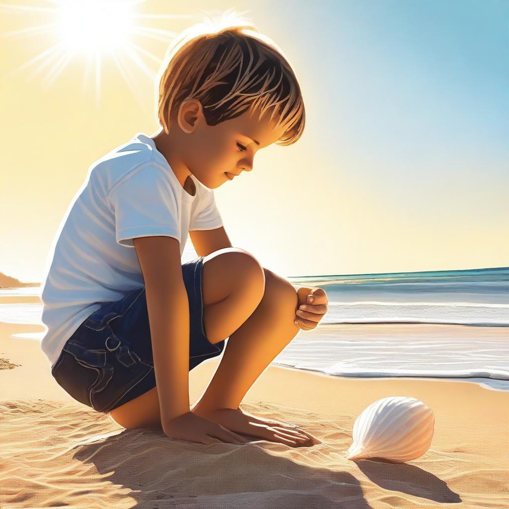 A high-quality digital art piece featuring a young boy at the beach