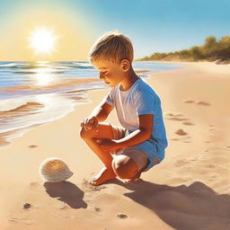 A high-quality digital art piece featuring a young boy at the beach