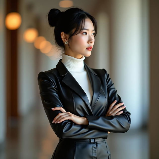 A very beautiful and classy Chinese office lady dressed in a sleek black leather jacket and a tight leather skirt, complemented by a stylish white turtleneck shirt