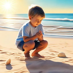 A high-quality digital art piece featuring a young boy at the beach