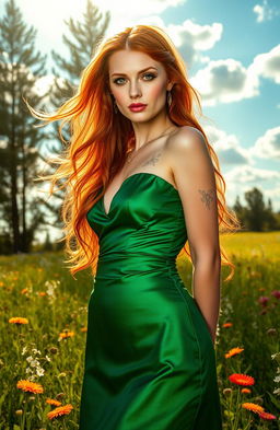A stunning portrait of a fiery redhead with long, flowing hair, wearing a luxurious emerald-green satin dress