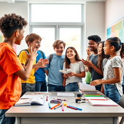 A lively scene depicting a group of boys and girls engaged in a discussion while standing around a table