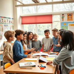 A lively scene depicting a group of boys and girls engaged in a discussion while standing around a table