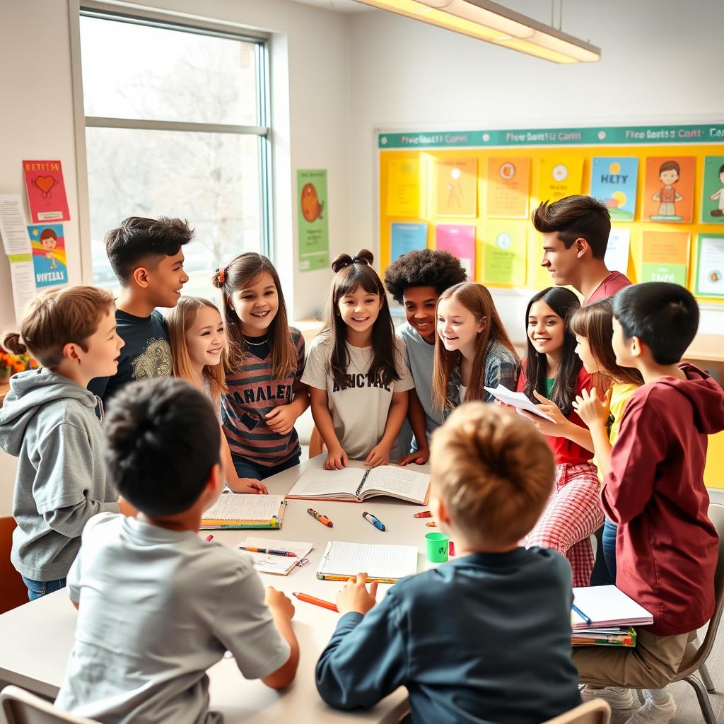 A lively scene depicting a group of boys and girls engaged in a discussion while standing around a table