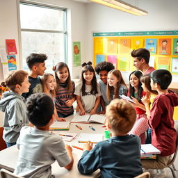 A lively scene depicting a group of boys and girls engaged in a discussion while standing around a table