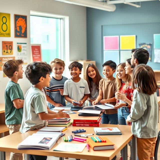 A lively scene depicting a group of boys and girls engaged in a discussion while standing around a table