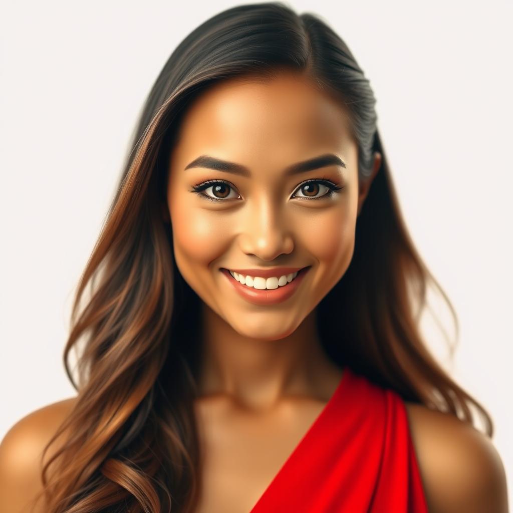 A stunning close-up portrait of a confident, elegant woman with long flowing hair and a radiant smile