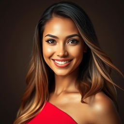 A stunning close-up portrait of a confident, elegant woman with long flowing hair and a radiant smile