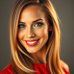 A stunning close-up portrait of a confident, elegant woman with long flowing hair and a radiant smile