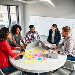 A diverse group of people engaged in a lively discussion around a large round table