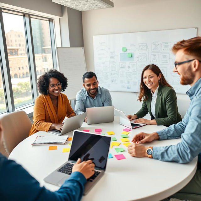 A diverse group of people engaged in a lively discussion around a large round table