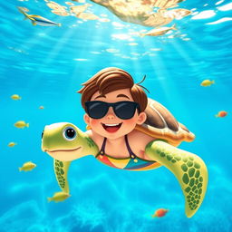 An animated image of a cheerful turtle swimming in a bright blue ocean, accompanied by a smiling child in a colorful swimsuit