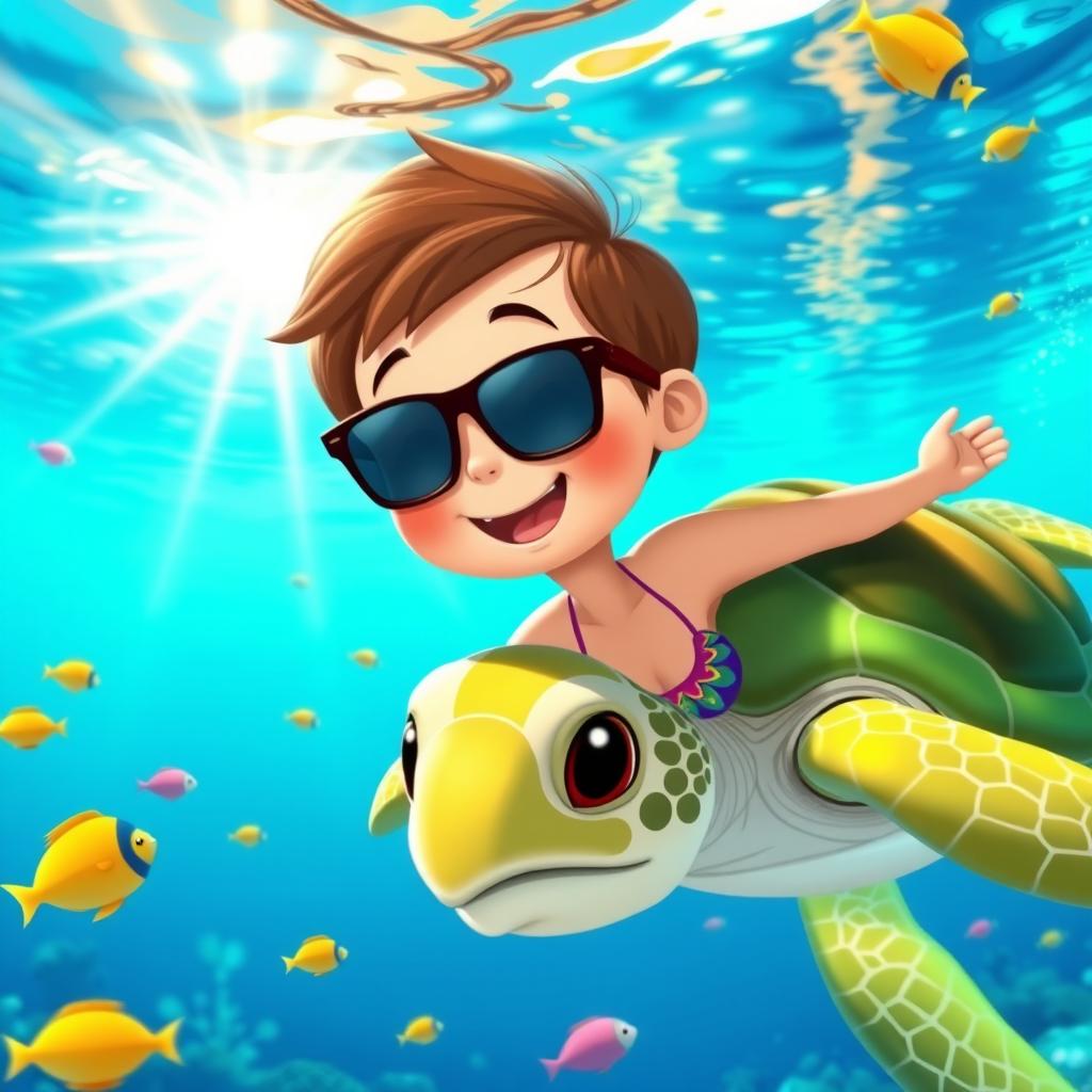 An animated image of a cheerful turtle swimming in a bright blue ocean, accompanied by a smiling child in a colorful swimsuit