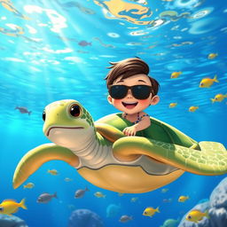 An animated image of a cheerful turtle swimming in a bright blue ocean, accompanied by a smiling child in a colorful swimsuit