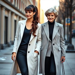 A tall, pretty woman with long dark brown hair styled into a curled ponytail and bangs, dressed in a professional long white jacket over a smart top, paired with sleek black trousers