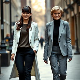 A tall, pretty woman with long dark brown hair styled into a curled ponytail and bangs, dressed in a professional long white jacket over a smart top, paired with sleek black trousers