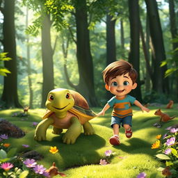 An animated image of a joyful turtle and a cheerful child exploring a lush green forest