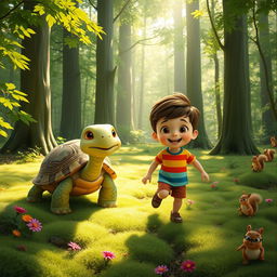An animated image of a joyful turtle and a cheerful child exploring a lush green forest